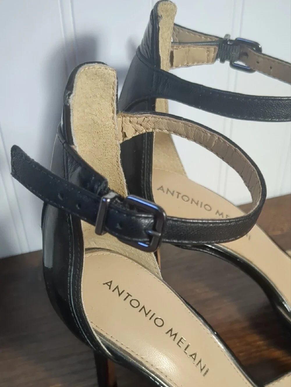 Antonio Melani Black Patent Leather Art Deco Peep Toe Ankle Strap Heels, SZ 6